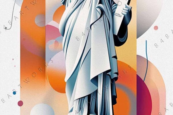 "Digital artwork of the Statue of Liberty with colorful abstract geometric background."