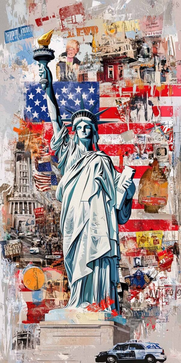 "Colorful collage-style digital artwork featuring the Statue of Liberty with American flag elements."