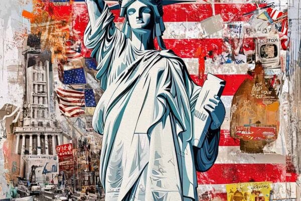 "Colorful collage-style digital artwork featuring the Statue of Liberty with American flag elements."
