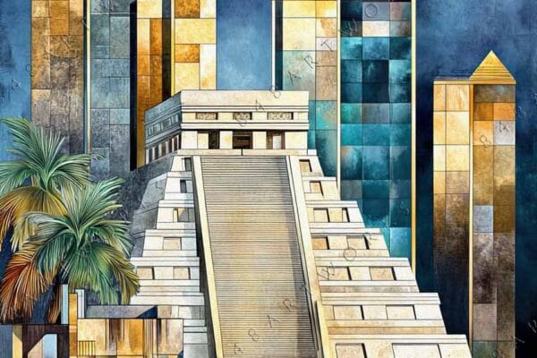 "Geometric digital painting of a Mayan pyramid with skyscrapers under a golden sun."