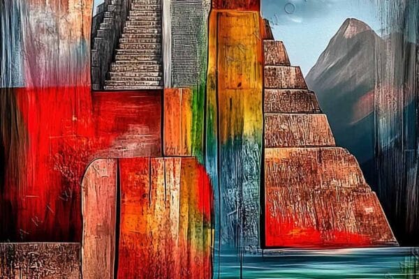 "Abstract digital art depicting pyramids and figures in vibrant red and blue tones."