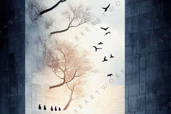 Surreal digital artwork of trees and birds against gray stone walls with a staircase.