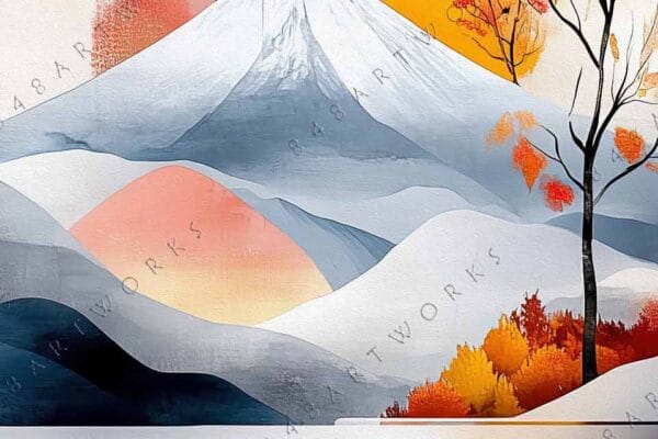 "Digital painting of a stylized mountain landscape with autumn trees and orange sun."