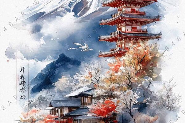 "Watercolor painting of cherry blossoms, pagoda, and Mount Fuji in soft, muted colors."