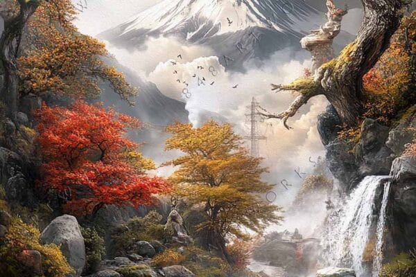 Digital painting of a serene autumn landscape with a snowy mountain and cascading stream.