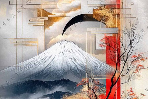"Abstract digital art of Mount Fuji with geometric shapes, gold, red, and gray tones."