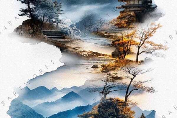 "Digital painting of tranquil mountain landscape with pagoda, muted blue and warm autumn tones."