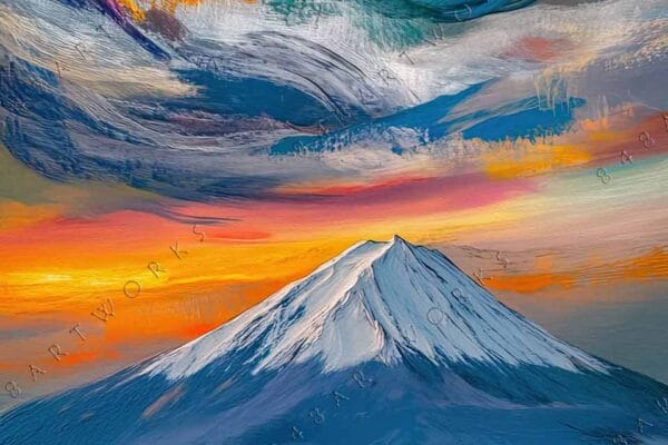 "Vivid abstract painting of a snow-capped mountain beneath colorful swirling skies."