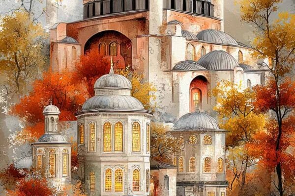 "Digital painting of a majestic mosque surrounded by autumn trees and reflective water."