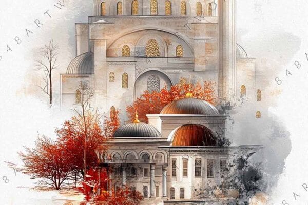 "Digital artwork of a mosque with minarets, red trees, and crescent moons in muted colors."