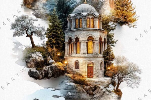 "Digital artwork of domed buildings and landscapes with trees and a calm lake."