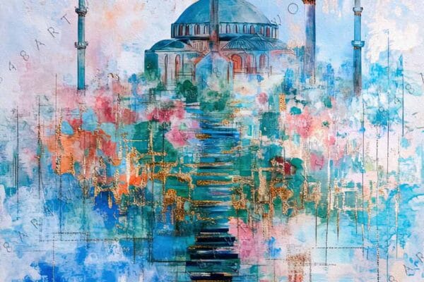 "Abstract painting of a mosque under a large blue circle with vibrant pastel hues."