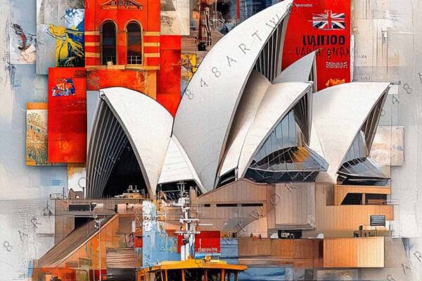Collage-style digital art of Sydney skyline with opera house and yellow ferry.