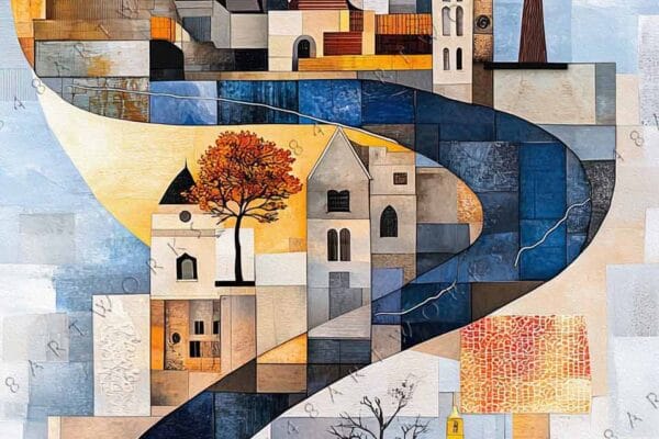 "Abstract digital art of a cityscape with warm orange, blue, and gray geometric shapes."
