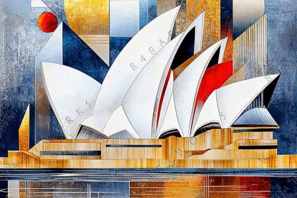 "Abstract digital artwork of geometric cityscape in blue, gold, and red tones."
