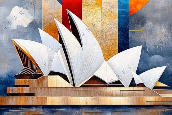 "Digital artwork of Sydney Opera House with geometric elements, vibrant blues, oranges, and yellows."