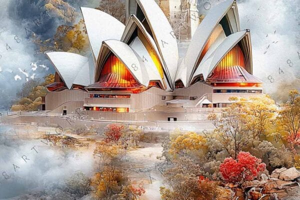 "Surreal digital art of Sydney Opera House with mountains, autumn trees, and flowing waterfall."