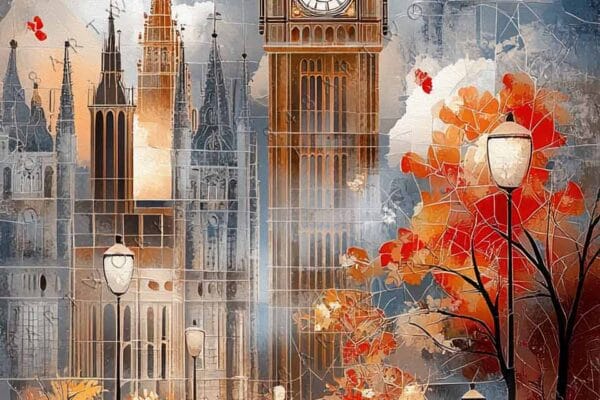 "Digital art of Big Ben with autumn trees and a red bus, in warm hues."