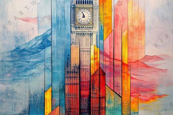 "Abstract digital painting of Big Ben with geometric shapes in vibrant colors."