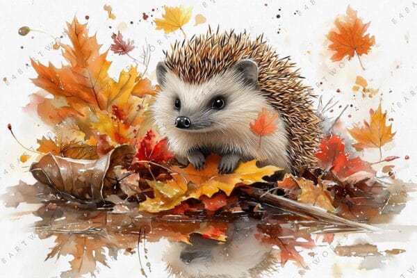 Watercolor painting of a hedgehog surrounded by autumn leaves in brown and orange tones.