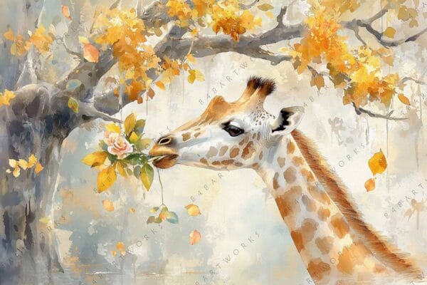 "Watercolor painting of a giraffe nibbling a rose under autumn foliage."
