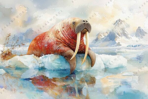 Watercolor painting of a walrus on ice, with icy mountains in the background.