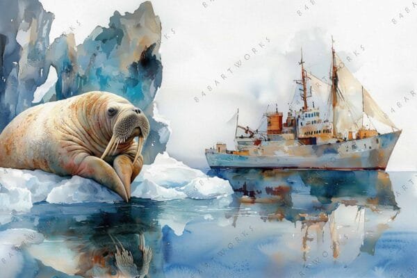 "Watercolor painting of a walrus on ice beside a ship in icy waters."