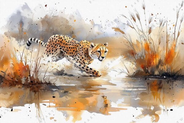 "Watercolor painting of a cheetah running through water with orange and gray tones."
