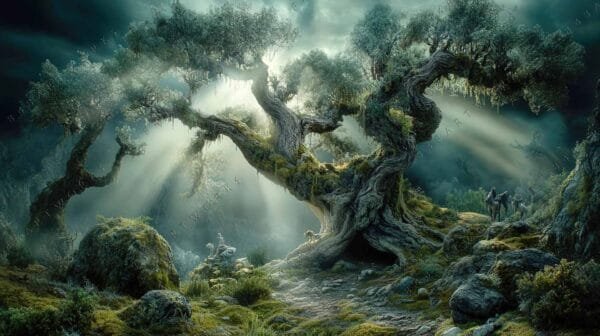 Fantasy digital art showcasing ancient twisted trees and dappled sunlight in a mystical forest.