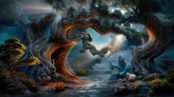 "Fantasy digital artwork of twisted trees and mystical creatures under ethereal light."