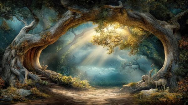 Fantasy digital painting of mythical creatures beneath twisting trees in dappled sunlight.