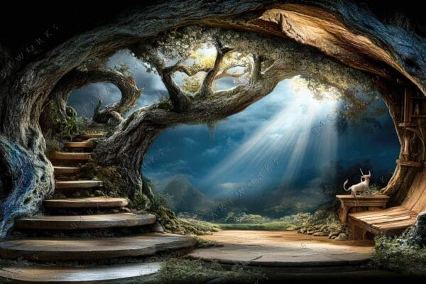 Fantasy digital art of an enchanted forest with twisted trees and a small unicorn.