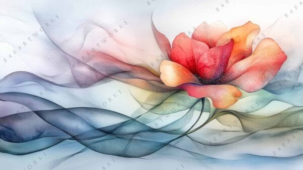 "Digital art of a red and orange flower with flowing, translucent petals."