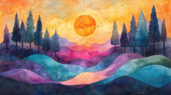 Abstract painting of colorful hills and tall trees under an orange sun.