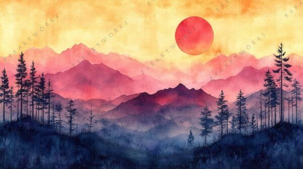 "Watercolor landscape of distant mountains and trees in pink, red, and yellow hues."