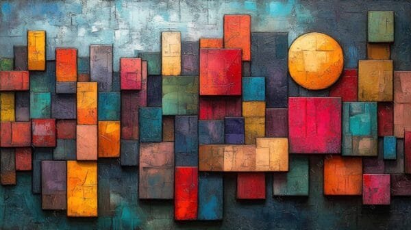 Abstract painting of colorful geometric rectangles and a circle on a textured background.