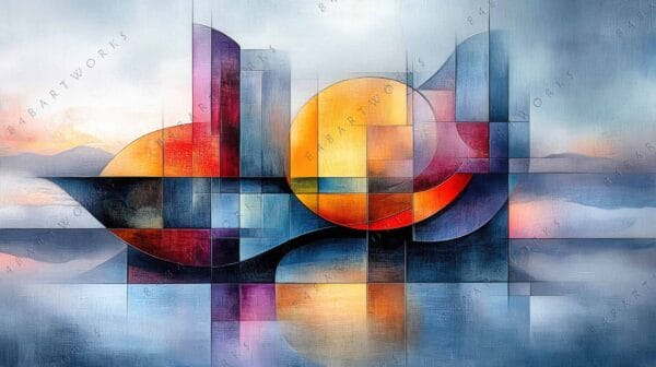 "Geometric abstract digital painting with bold yellow, red, and blue shapes."
