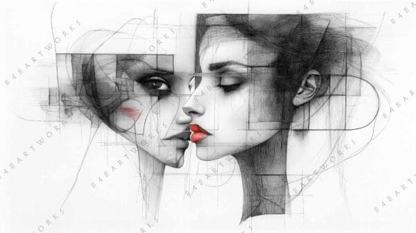 "Abstract sketch of two women's faces with geometric lines, featuring red lips and blush."
