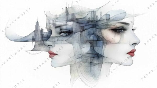 "Digital art of two faces with blended cityscape, using soft blue and gray hues."