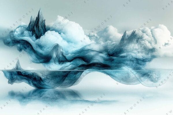 "Surreal digital art of mountains emerging from clouds, in teal and white hues."