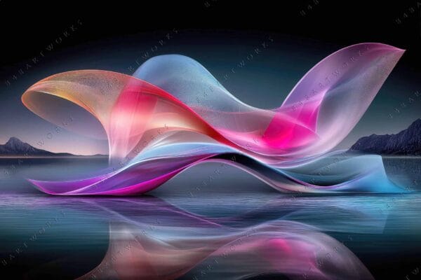 "Colorful digital art of flowing abstract shapes over a serene lake landscape."
