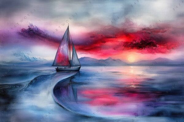 Sailboat on colorful ocean at sunset, digital painting in blues and reds.