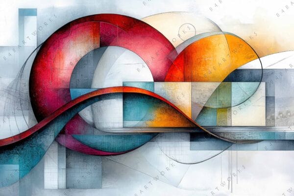"Abstract digital art featuring geometric shapes in red, orange, and blue gradients."