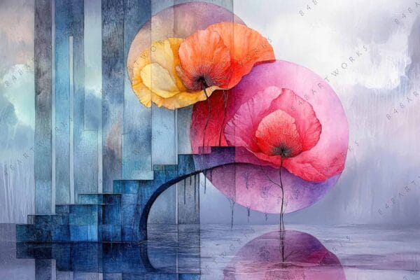 "Abstract digital art with vibrant flowers, geometric shapes, and blue-gray gradients."