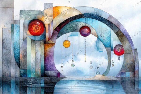 Abstract digital artwork with geometric shapes and spheres in cool and warm tones.