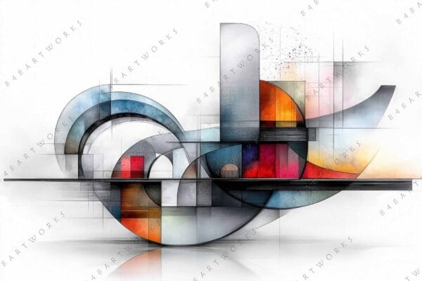 "Abstract digital painting with geometric shapes in blue, orange, and red tones on white background."