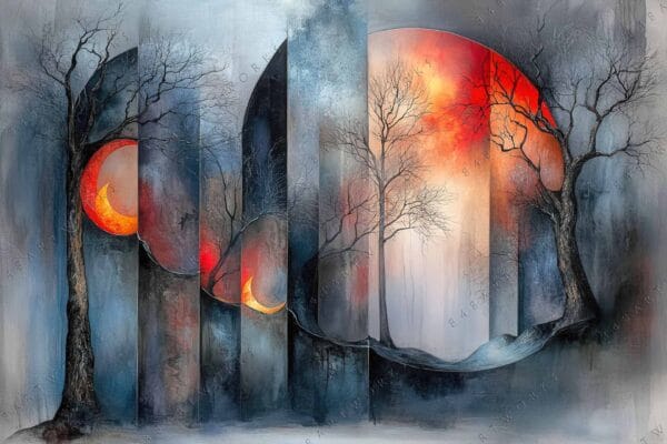 "Abstract digital painting of leafless trees and crescent moons in blue and orange hues."