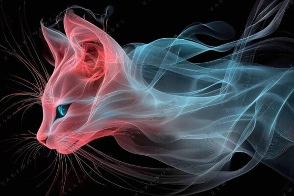 "Digital art of a cat face in swirling red and blue lines on black."