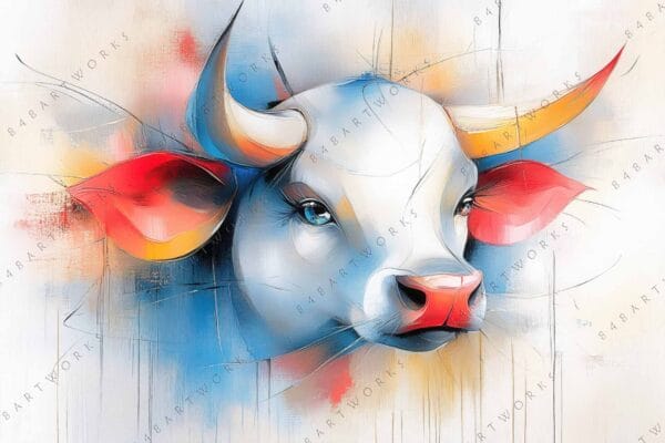 "Digital painting of a stylized bull with vivid red and orange accents."