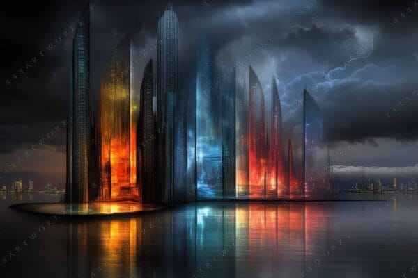Futuristic digital painting of a glowing cityscape with dark clouds and vibrant reflections.